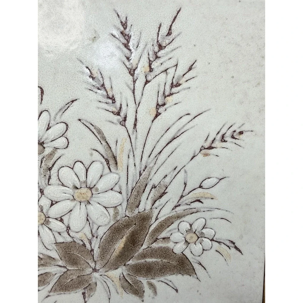 Ceramic Tile Trivet Oak Wood Frame Floral Daisy Wheat Boho Cottagecore‎